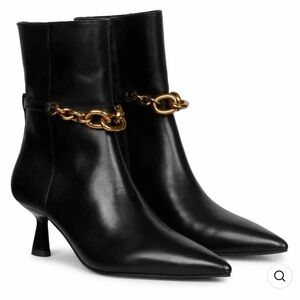 SAINT G PEONY CHAIN EMBELLISHED BLACK LEATHER ANKLE BOOTS
